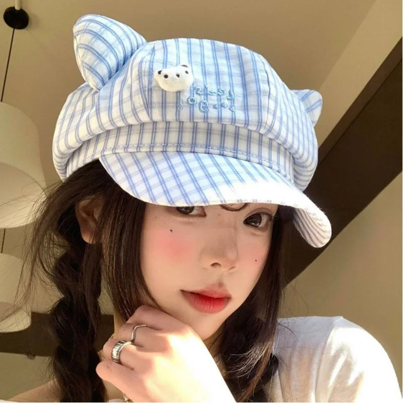 Cute Bear Plaid Ear Octagonal Hat Women Spring Summer