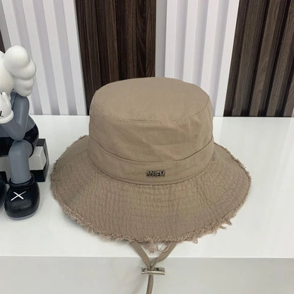 2026 Bucket Hat Female, Letter Metal Label Rough Edge Sunshade Flat Top