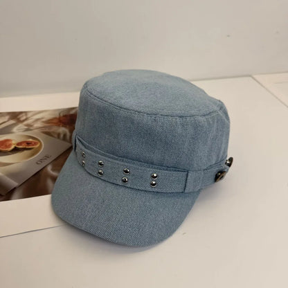Personality Cloth Rivet Denim Beret Y2k Washed Denim Equestrian Hat