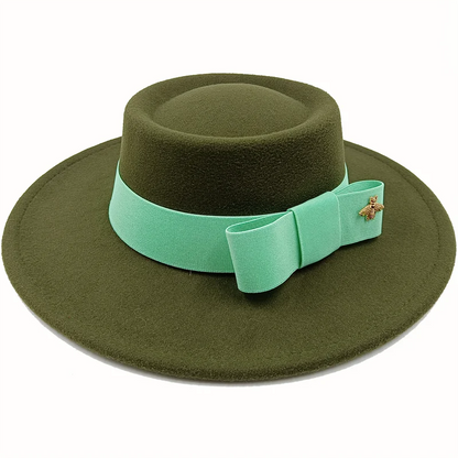 Bow Tie Fedora Hat Winter Round Bumpy Surface Flat Top