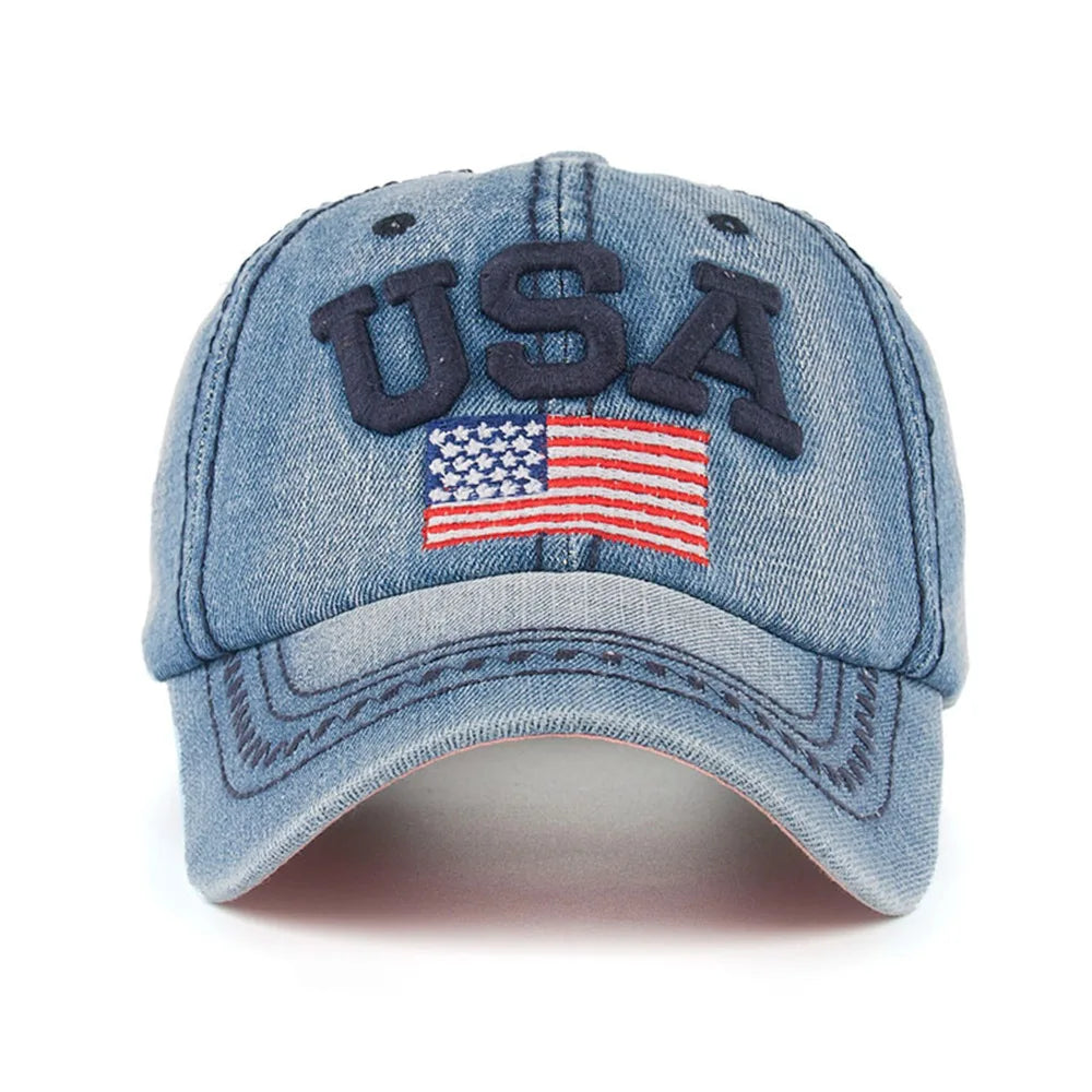 USA Flag Embroidery Caps For Men Women Retro Denim Baseball Cap