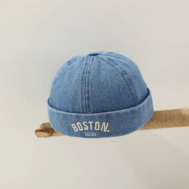 Washed Denim Baby Brimless Hat Retro Letter Embroidered Melon Cap For Kids