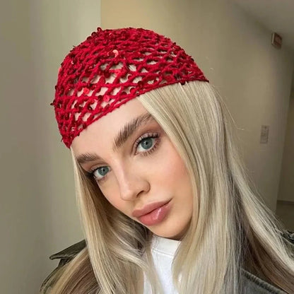 Glitter Sequins Cap Women Slouchy Snood Hat Hollow Out Knitted Hair Net