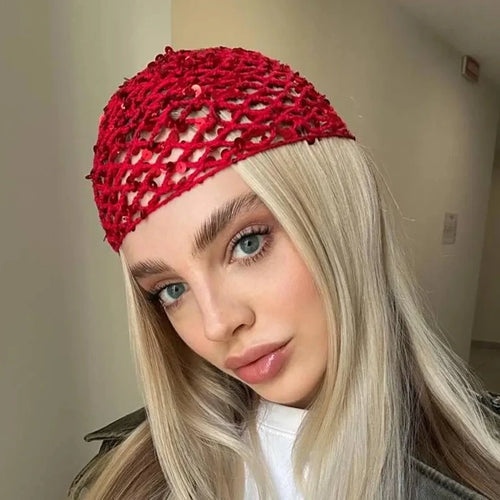 Glitter Sequins Cap Women Slouchy Snood Hat Hollow Out Knitted Hair Net