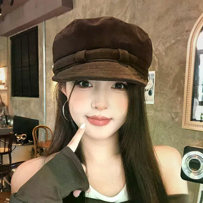 Retro Suede Beret Hat For Women Flat Top Newsboy Cap