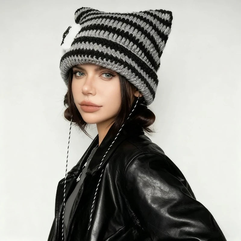 Cute Cat Ears Beanie Hat For Women Winter Striped Korean