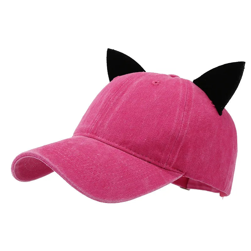 Washed Retro Cat Ear Baseball Cap Women