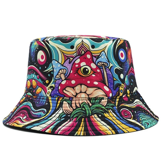 Bucket Hat Cartoon Mushroom Psychedelic Print Pattern Fisherman Hats Double Sides Caps