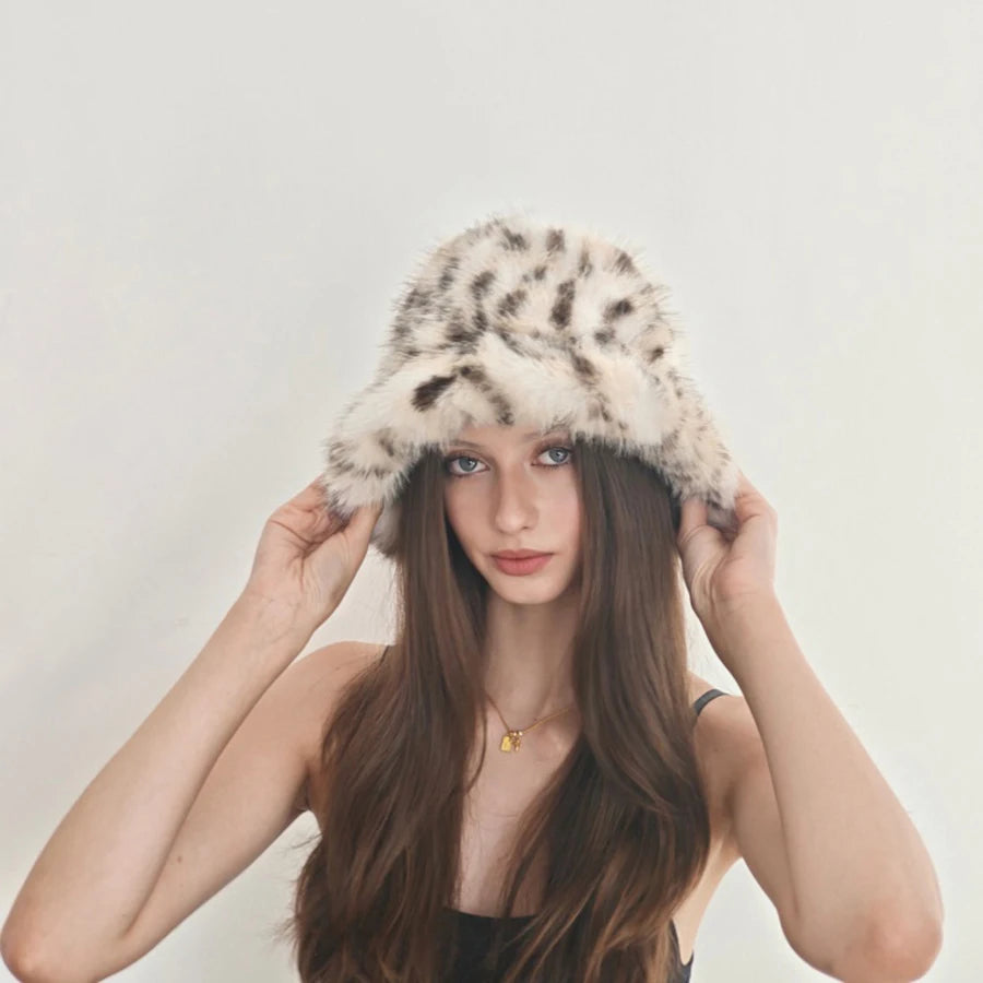 Women's Faux Fur Bucket Hat Leopard Print Soft Warm For Autumn Winter