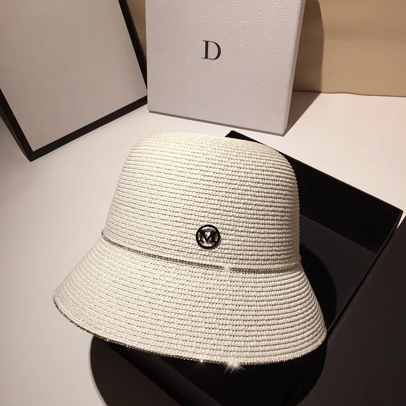 Woolen Rhinestone Solid Color Basin Hat Leisure Outdoor Beach Sun Hat