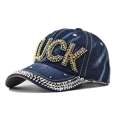 Baseball Cap Denim Luck Rhinestone Men Adjustable Hat