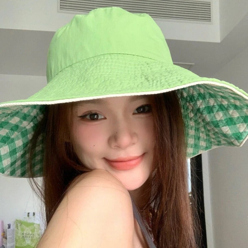 Retro Ins Sweet Plaid Tie Strap Bucket Hat