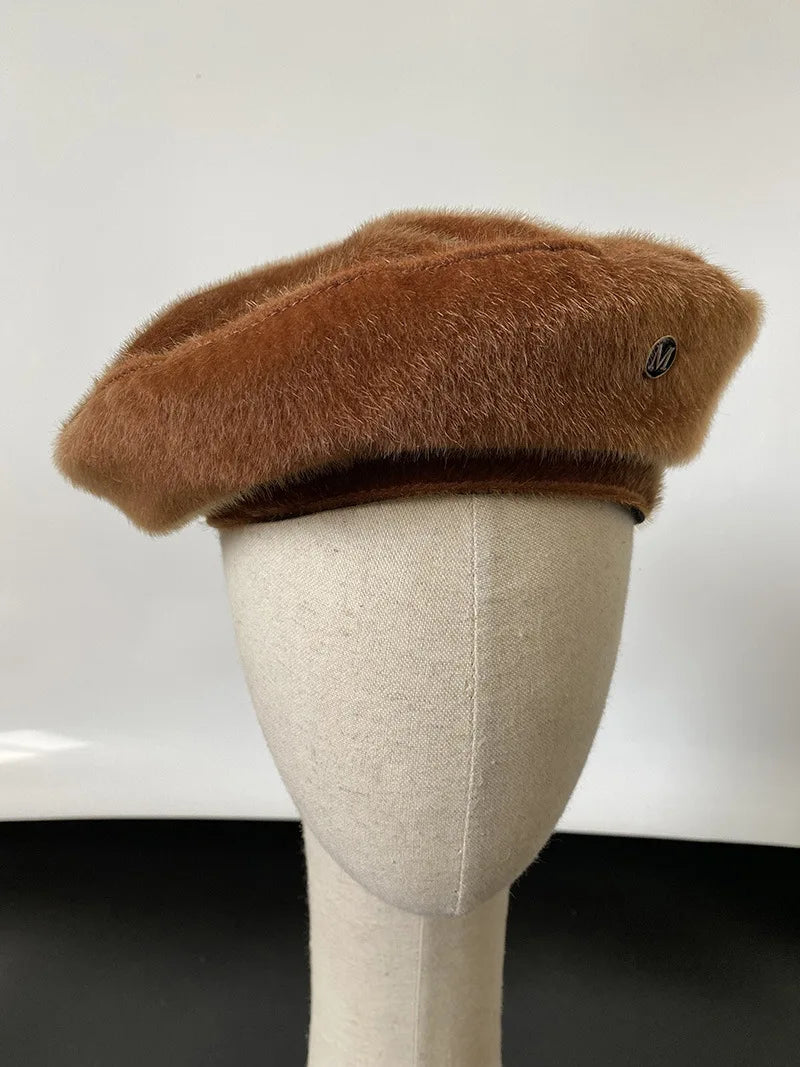 Women Leopard Print Beret Flying Saucer Hat Autumn Winter Warm Knit Artist Caps