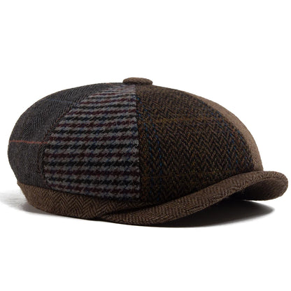 Vintage Newsboy Cap Men Herringbone Plaid Patchwork Pattern Women Beret