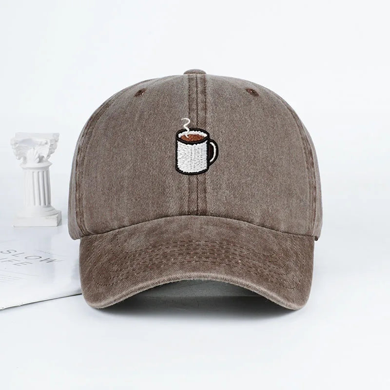 Embroidered Coffee Cup Print Washed Baseball Cap