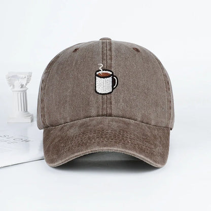 Embroidered Coffee Cup Print Washed Baseball Cap