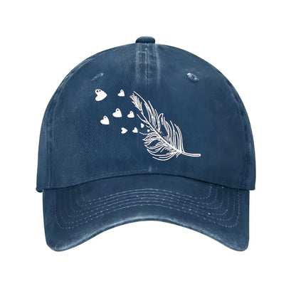 Feather And Hearts Print Distressed Baseball Cap