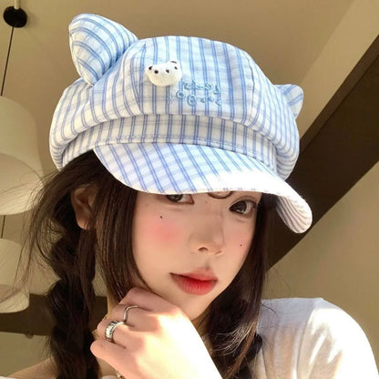Cute Bear Plaid Ear Octagonal Hat Women Spring Summer