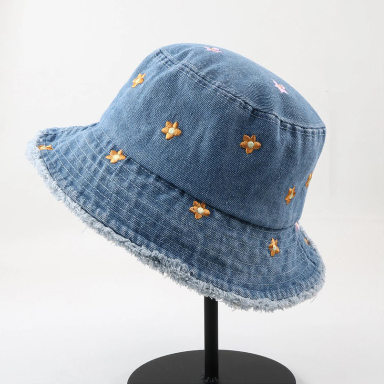 Sweet Floral Embroidered Denim Bucket Hat
