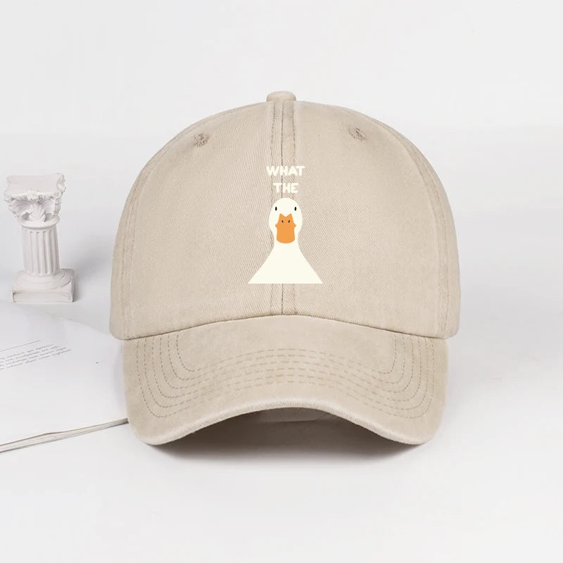Washed Baseball Cap With What The Duck Print  Adjustable Curved Brim Dad Hat For Casual Streetwear & Daily