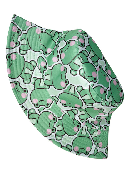 Cartoon Playful Frog Bucket Hat, Beach Sun Hat, Reversible, Foldable Stylish Bucket Hat