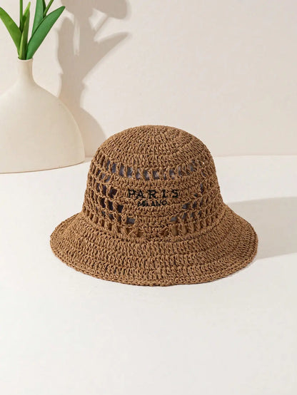 Inverted Triangle Letter Embroidery Handmade Crocheted Straw Hat