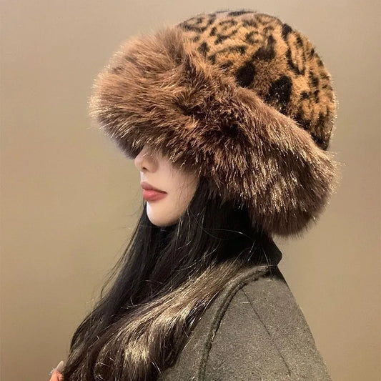 Fashionable Leopard Print Plush Hat Women's