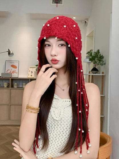 Autumn/Winter New Ethnic Style Hollow Pearl Pendant Baotou Hat