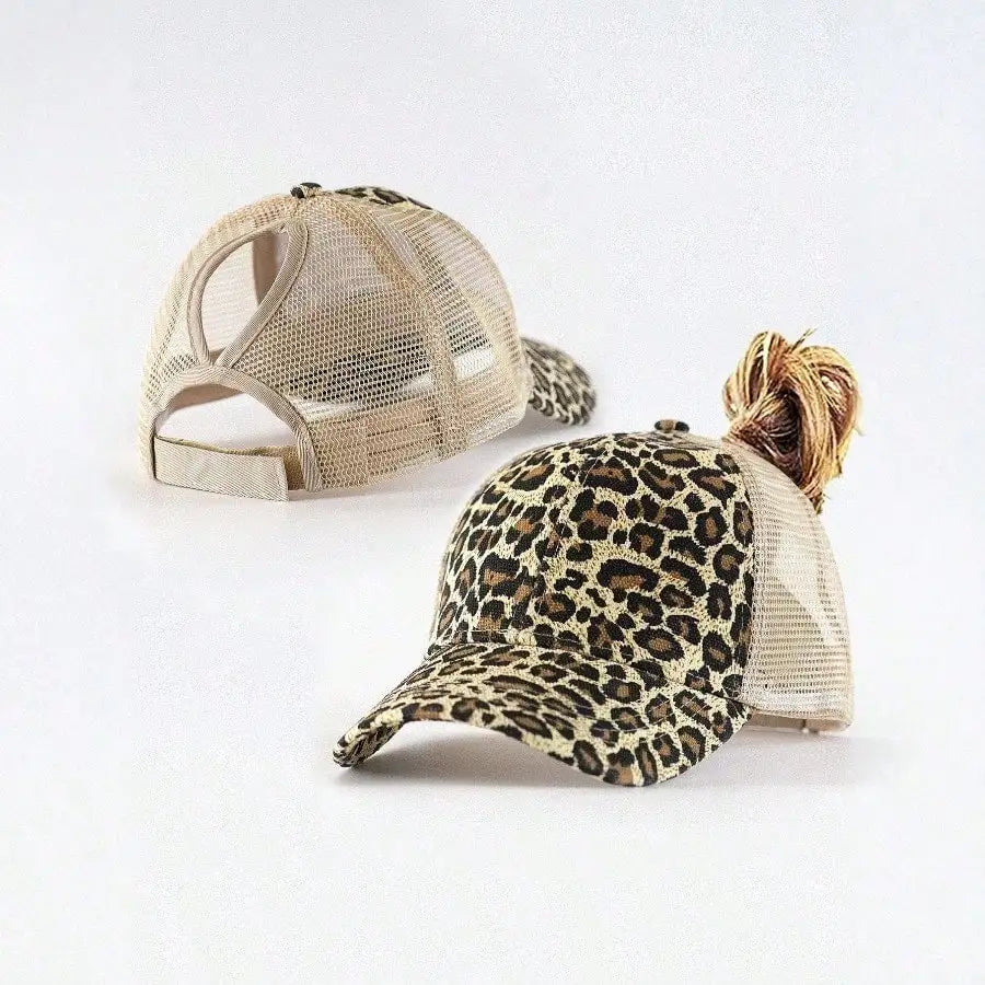 Leopard Print High Ponytail Baseball Cap Curved Brim Fedora Style Hat