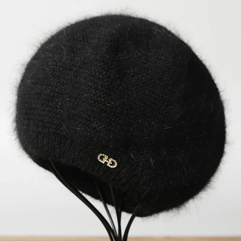 Beret Women Winter Angora Knit Hat Double Layers Casual