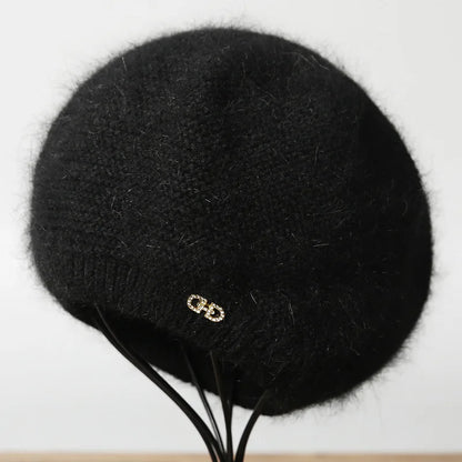 Beret Women Winter Angora Knit Hat Double Layers Casual