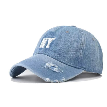 Street Retro-Style Embroidered Three-Dimensional NY Lettered Distressed Denim Baseball Cap