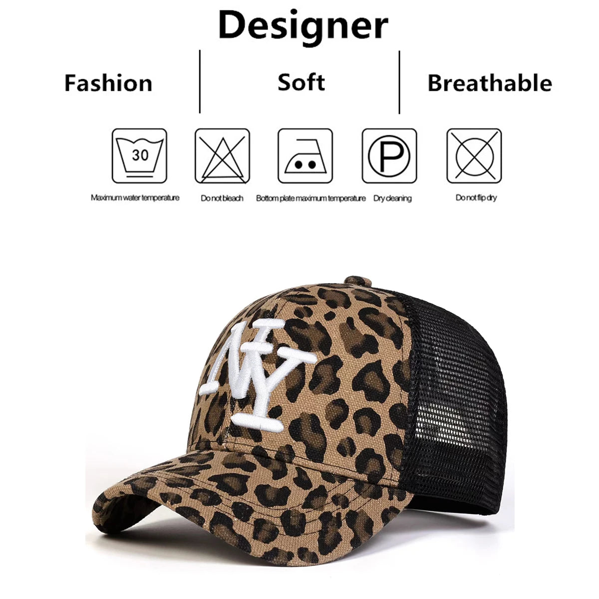 Unisex NY Letter Embroidery Leopard Print Baseball Net Caps Spring Summer
