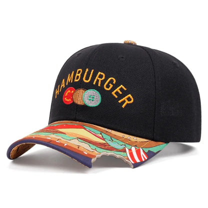 New Flat Edge Hat Burger Embroidered Printed Baseball Hat Outdoor Daily Sunshade Hat Unisex Hip Hop Hat