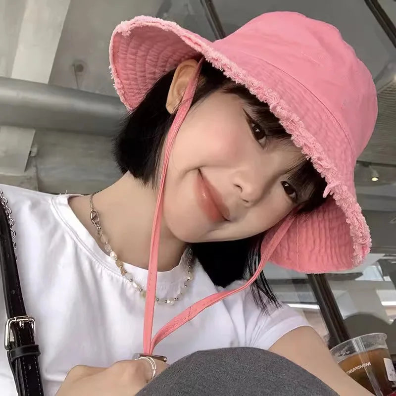 Summer Frayed Edge Bucket Hats Woman Outdoor