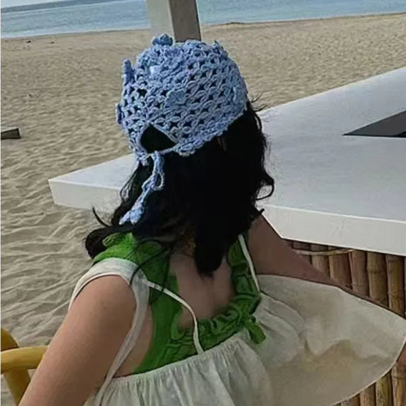 Korean Style Spring/Summer Bohemian Style Lace Up Dome Hat Hand Woven Breathable