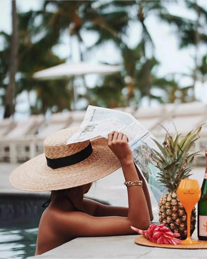 Straw Square Ribbon Straw Hat Beach Travel Sun Protection Flat Hat