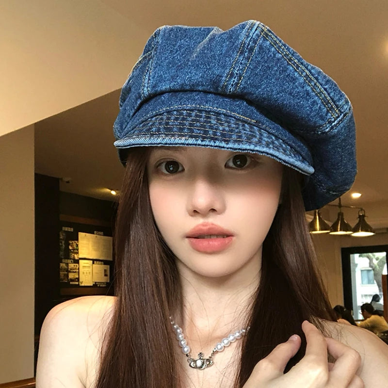 Japanese Retro Denim Cloud Berets Cap For Women Spring And Summer