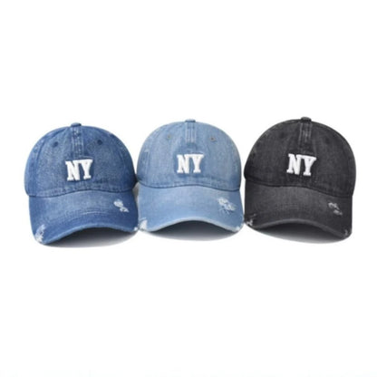 Street Retro-Style Embroidered Three-Dimensional NY Lettered Distressed Denim Baseball Cap