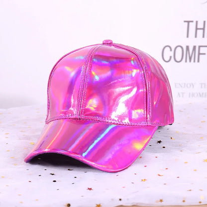 Adjustable Shiny Hat Breathable Holographic Pu Leather Baseball Cap