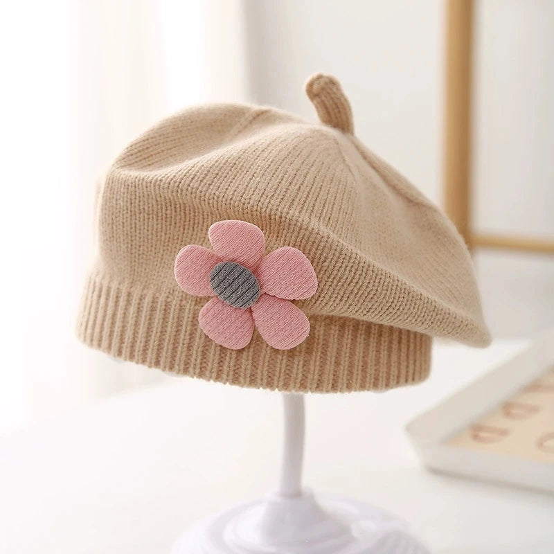 Flower Baby Beret Hat Winter Warm Knitted Beanie Cap