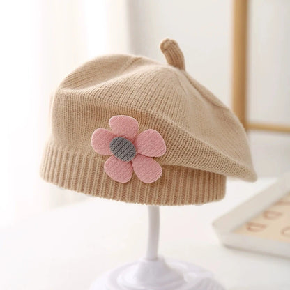 Flower Baby Beret Hat Winter Warm Knitted Beanie Cap