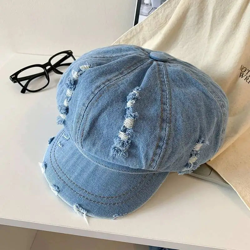 Retro Octagonal Cap Beret Women Washed Denim Newsboy Hat
