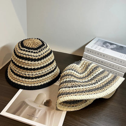 Women Summer Bucket Hat Hollow Out Knitted Fisherman Caps