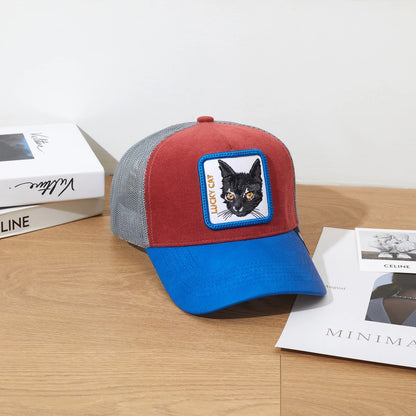 1PC Mesh Baseball Hat, Breathable, Embroidered Lucky Cat Patch, Color Block Streetwear