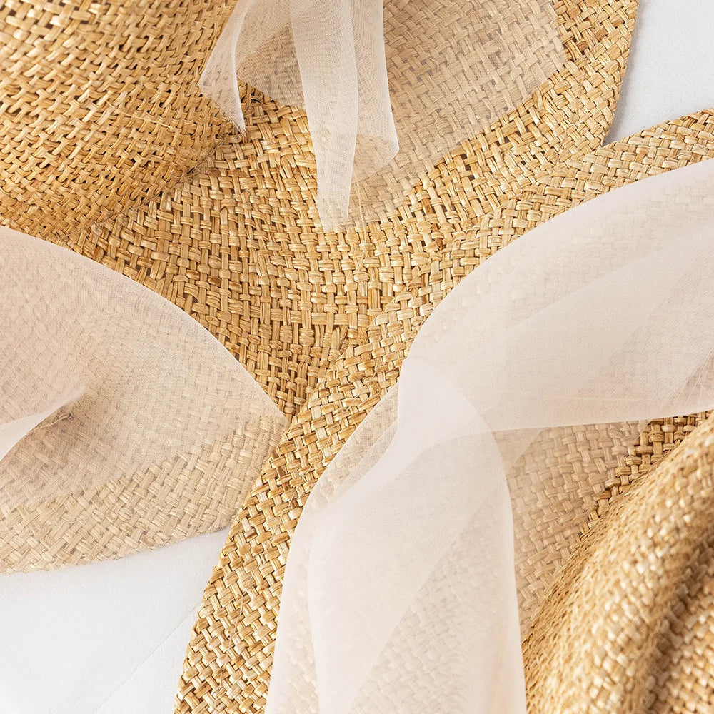Vintage Veil Straw Boater Hat Women Bridal Inspired Flat Top Sun Hat