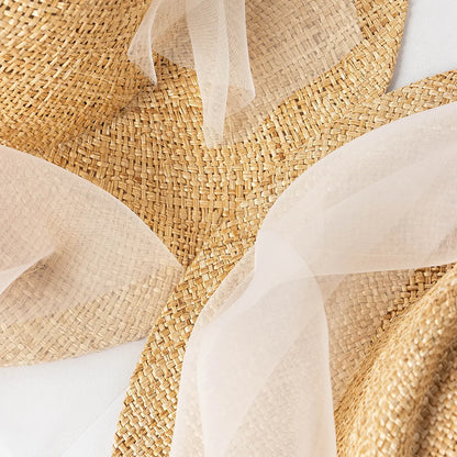 Vintage Veil Straw Boater Hat Women Bridal Inspired Flat Top Sun Hat