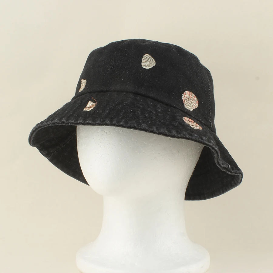 2026 Baby Cute Shell Starfish Crab Embroidery Denim Bucket Hat For Kids