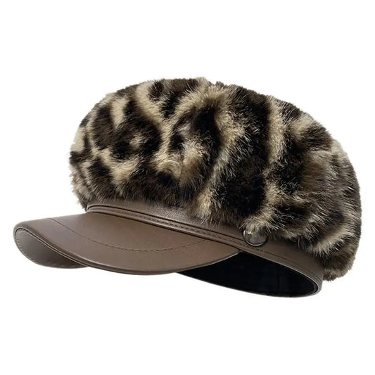Women Warm Fashion Made Mohair Fur Leopard Patterned Octagonal Hat