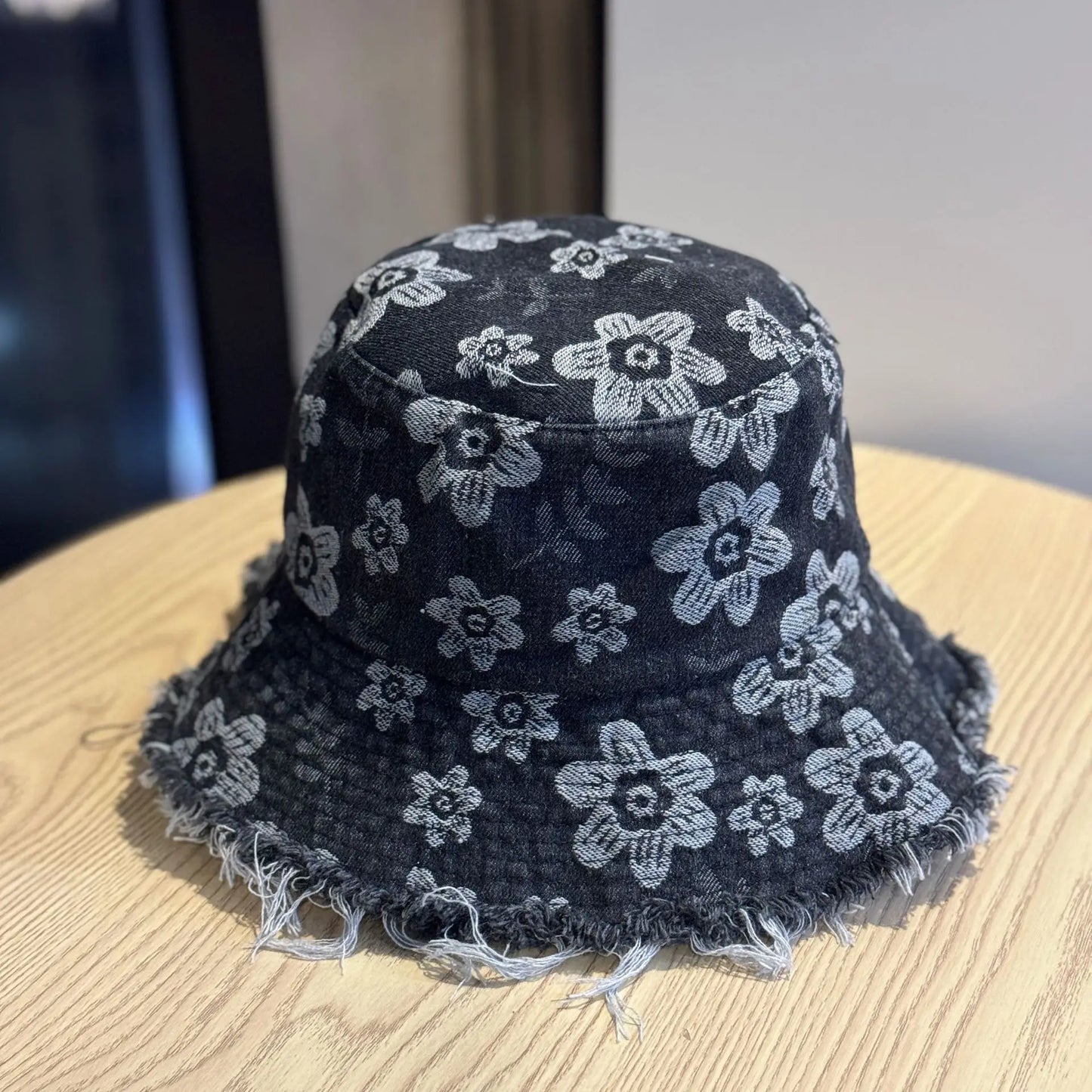New Summer Embroidery Flower Washed Denim Bucket Hat